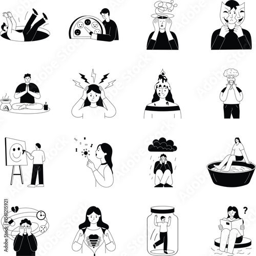 Collection of Stress Management Glyph Illustrations 
