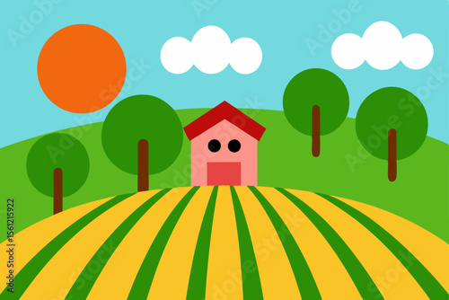 Countryside Field with Farmland Vector Illustration