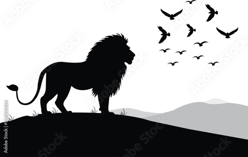 Majestic lion silhouette stands proudly on a hill, observing a flock of birds in flight against a mountainous backdrop.