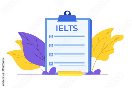 English Proficiency Test and Exam. IELTS International English Language Testing System. Vector illustration.