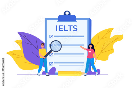 English Proficiency Test and Exam. IELTS International English Language Testing System. Vector illustration.