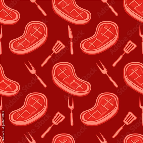A repeating barbecue-themed pattern features illustrated grilled steaks, spatulas, carving forks, and knives on a rich red background. Vector Patterns