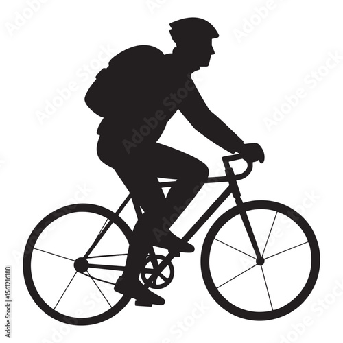 Silhouette of a cyclist wearing a helmet and backpack riding a bicycle for transportation