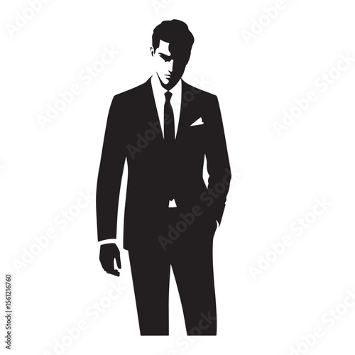 Silhouette of a stylish gentleman in a classic suit and tie against a white background.