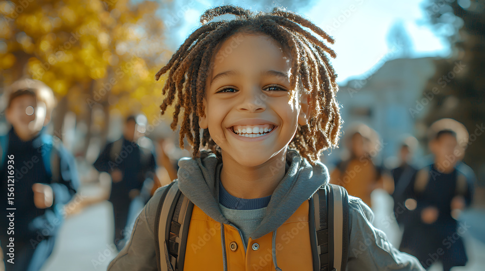 Beautiful portrait African American kid with fancy dreads hairstyle with school bag laughing Beautiful portrait African American kid with fancy dreads hairstyle with school bag laughing