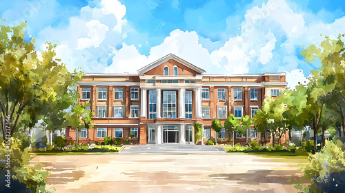 beautiful school building view bakcground. Cartoon or anime watercolor digital painting