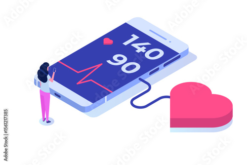 Hypertension disease isometric concept. Blood pressure health. Vector illustration for landing page template