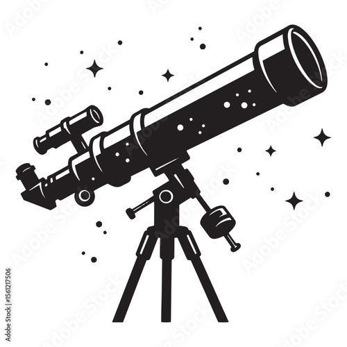 Vector illustration of a black and white telescope pointed towards the stars and space