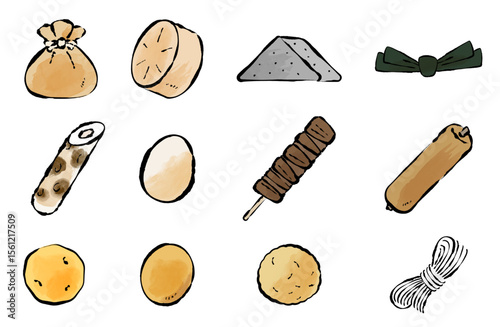 おでんの具のベクターイラスト 手描き 筆 冬 鍋物