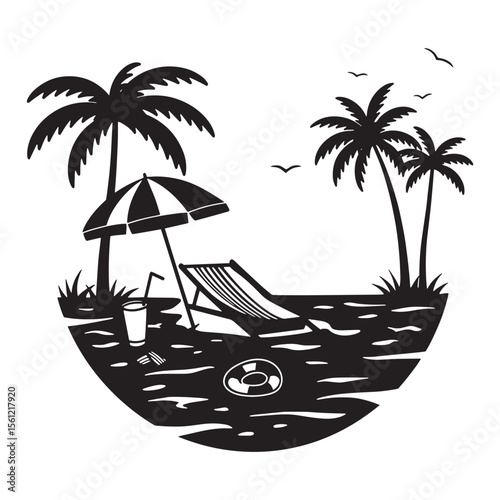 Vector illustration of a relaxing beach scene with palm trees and a deck chair in black and white