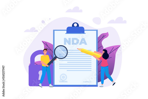 Legal restrictions,  non-disclosure agreement contract or NDA  concept. Vector illustration with tiny people.