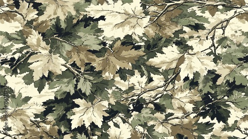 Real tree forest hunting camouflage seamless pattern design with barks and leaves. Camouflage repeat pattern