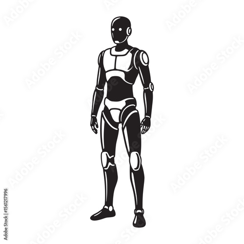 Vector illustration of a stylized humanoid robot standing with a detailed mechanical design