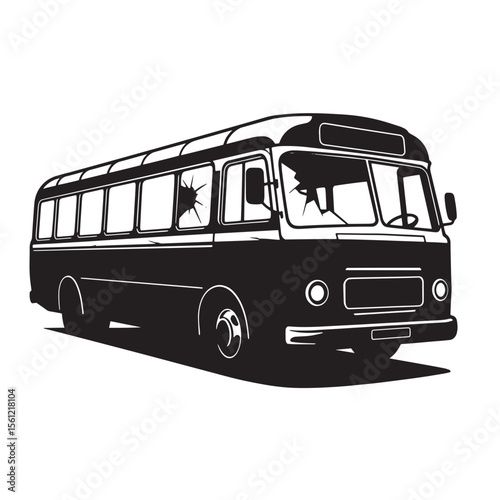 Vintage black and white illustration of a damaged public transit passenger bus