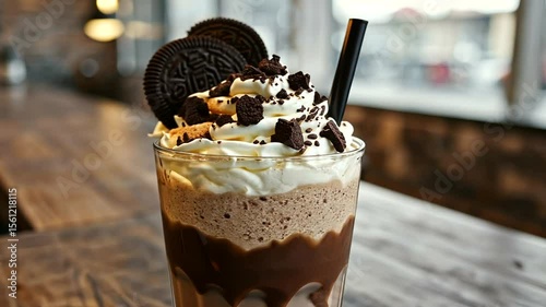 Delicious chocolate milkshake topped with whipped cream and cookies, set in a cozy café environment