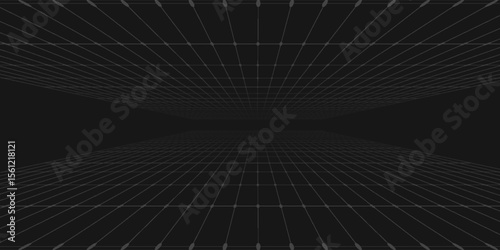 Fototapeta Naklejka Na Ścianę i Meble -  Vector abstract technology perspective grid. Detailed wireframe landscape with white lines on black background. Digital space with mesh.