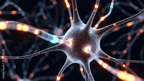 Neural network visualization showing active synapse signal transmission. Brain neuron activity with electrical impulses for mental health concept footage.