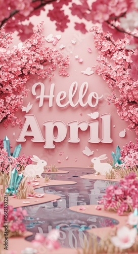 Hello april spring greeting with cherry blossoms and bunnies in pastel landscape