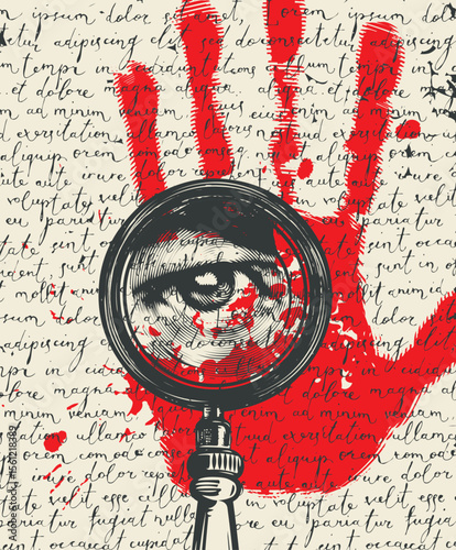 Vector banner with magnifying glass, hand and human eye on calligraphy text or page, manuscript background.Detective and investigation. T-shirt design, print, illustration for book, magazine.No ai 