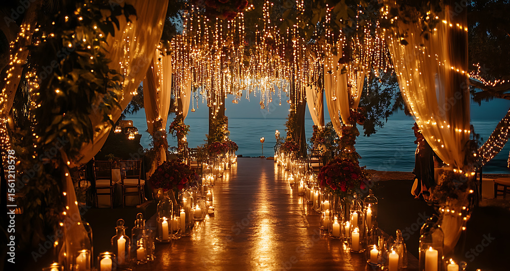 Naklejka premium Luxurious wedding scenes in elegant natural and architectural settings, surrounded by florals, candlelight, and evolving romantic atmospheres.