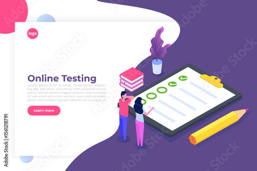 Online testing, E-learning, education isometric concept. Vector illustration.