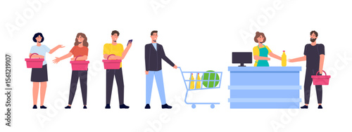 People  in line store concept.  Waiting in queue. Online shopping.  Vector illustration flat design style.