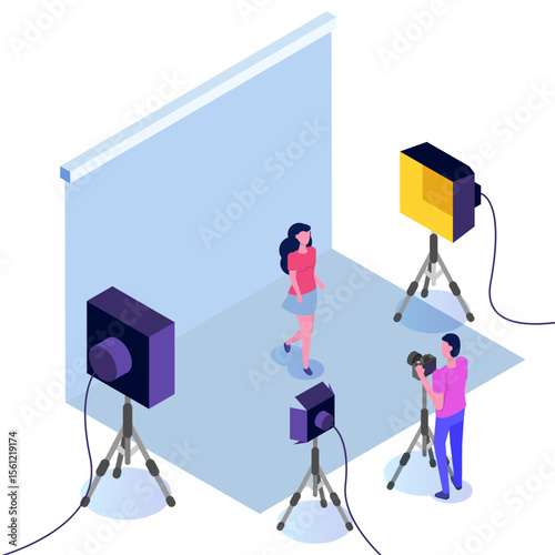 Photo session isometric,  studio with spotlights and man with camera. Vector Illustration.