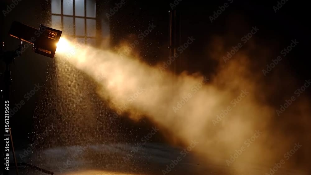 Dramatic lighting illuminating smoky atmosphere in dark studio setting. Strong spotlight with dust particles creating a dynamic visual. Contrasting light and shadow effects