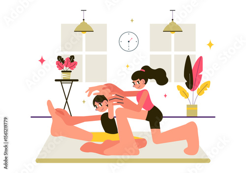 Rhythmic Gymnastics Illustration Featuring Professional Athletes Performing Artistic Acrobatic Moves, Showcasing Strength and Flexibility at Home