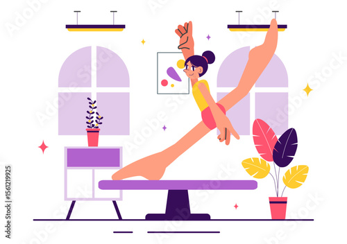 Rhythmic Gymnastics Illustration Featuring Professional Athletes Performing Artistic Acrobatic Moves, Showcasing Strength and Flexibility at Home