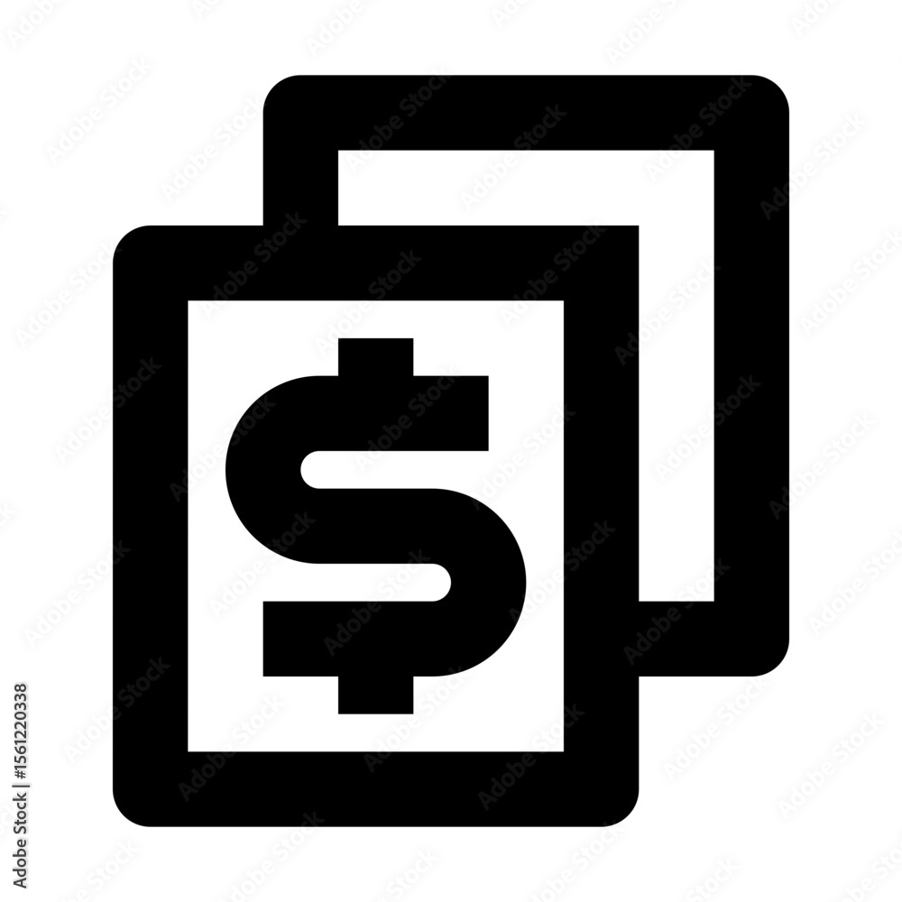 Black outlined dollar sign on a document stacked with another document in a minimalist style design Black outlined dollar sign on a document stacked with another document in a minimalist style design