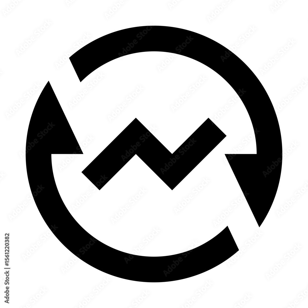 A black circular arrow with a zig zag line inside indicating a cyclical or repeating process flow design A black circular arrow with a zig zag line inside indicating a cyclical or repeating process flow design