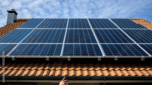 Residential solar installation modern house solar panel array orange clay tiles blue sky low angle shot professional installation