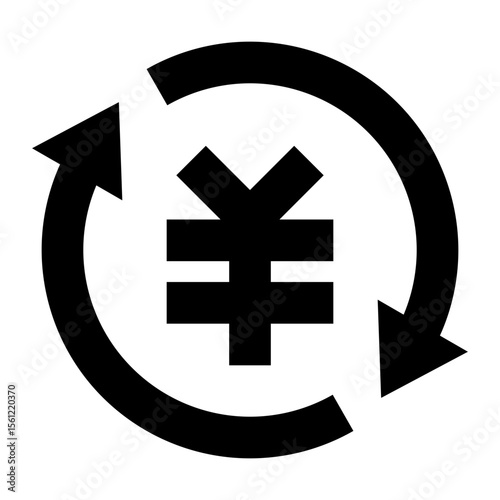 Black yen symbol encircled by a circular arrow indicating currency exchange and financial transactions process