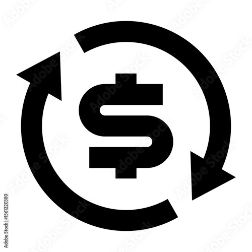 Dollar symbol encircled by circular arrows indicating money flow and exchange in black and white