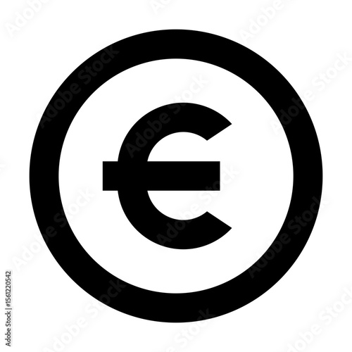 Illustration of a black euro currency symbol enclosed within a black circle on a white background view