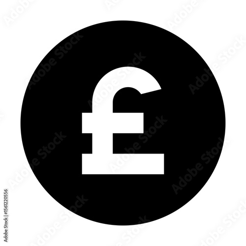 A white pound sterling symbol centered within a solid black circle on a white background plane view image