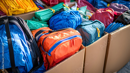 Cardboard box with backpack full of brightly colored school supplies