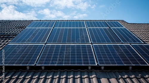 Residential solar system panels installed on modern house roof with red clay tiles against blue sky upward perspective