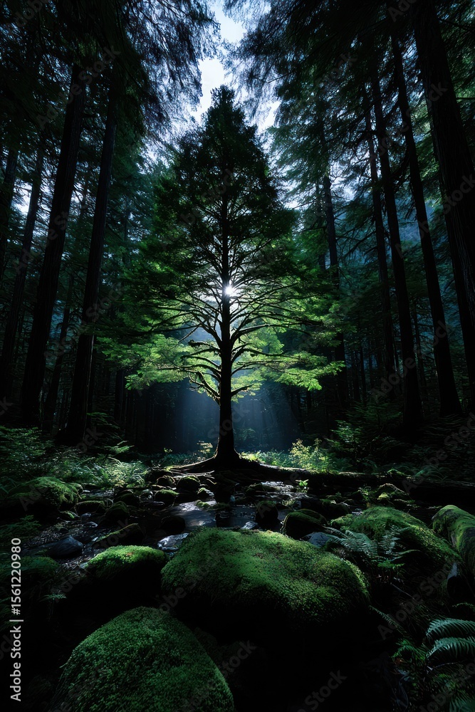 Naklejka premium Sunlight filtering through a forest canopy, illuminating a lone tree