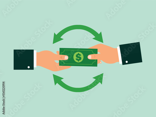 Two hands exchanging a dollar bill in a circular motion, symbolizing financial transaction.