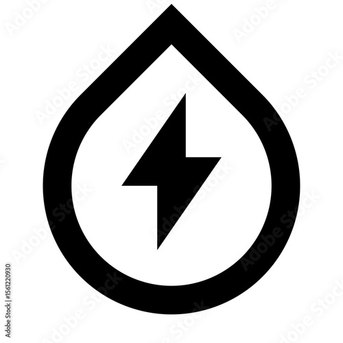 Illustration of a black drop shape containing a lightning bolt symbol in a white background design element