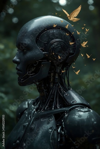 A sophisticated dark metallic robot head in profile with a flock of small golden birds flying around its head and shoulders