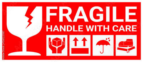 sticker fragile handle with care, red fragile warning label with broken glass symbol, this side up sign, keep dry, do not trample and avoid liquid sign.