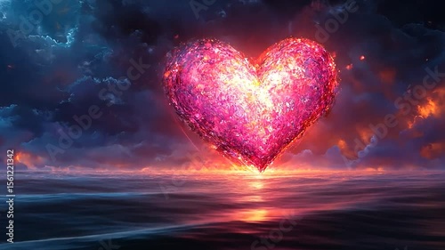 Abstract animated heart with glitter effect floating above water reflecting the dramatic sky with fire-like clouds. Emotional scene of love and passion