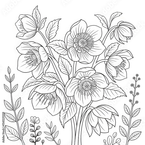 Illustration vector of a hellebore flower coloring page