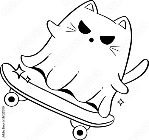 A cute halloween ghost cat skating doodle line art