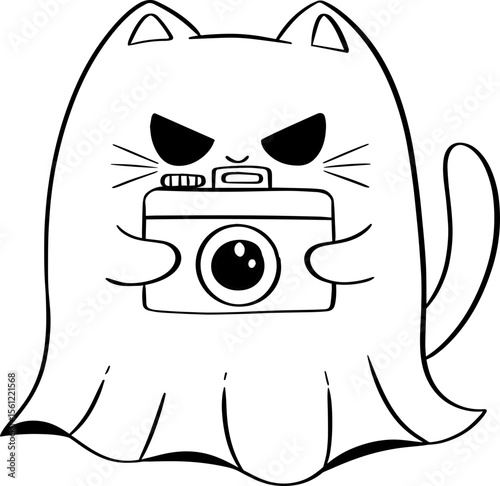 A cute halloween ghost cat with camera doodle line art