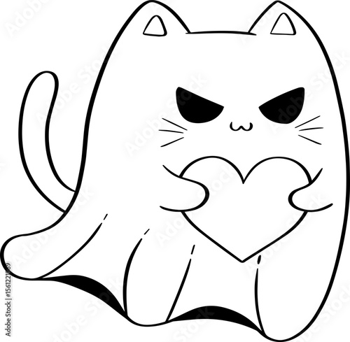 A cute halloween ghost cat holding heart doodle line art