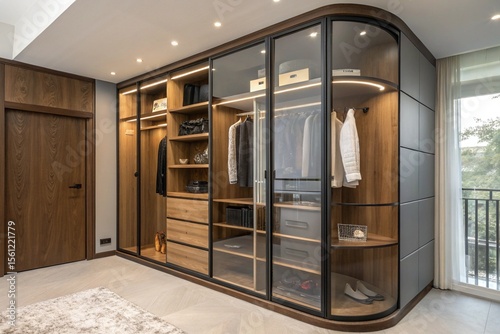 A large walk in closet with a black and brown color scheme